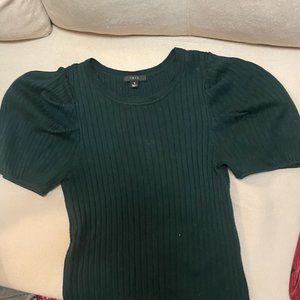Iris green ribbed crew neck short puff sleeve knit sweater top